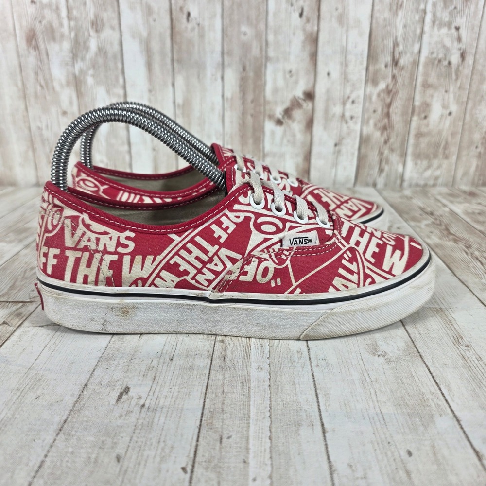 Vans Authentic All Over Logo Print Red White Low Top Sneakers Women